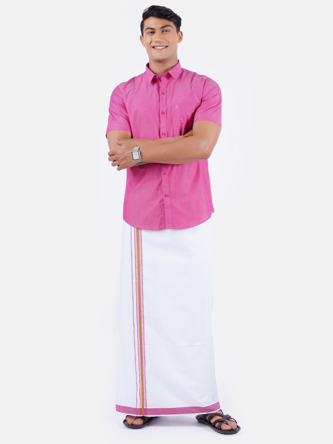 

Ramraj Men Pink & White Shirt with Dhoti