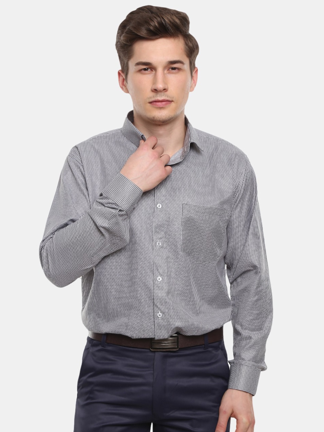 

V-Mart Men Grey Micro Checks Striped Formal full sleeve Shirt