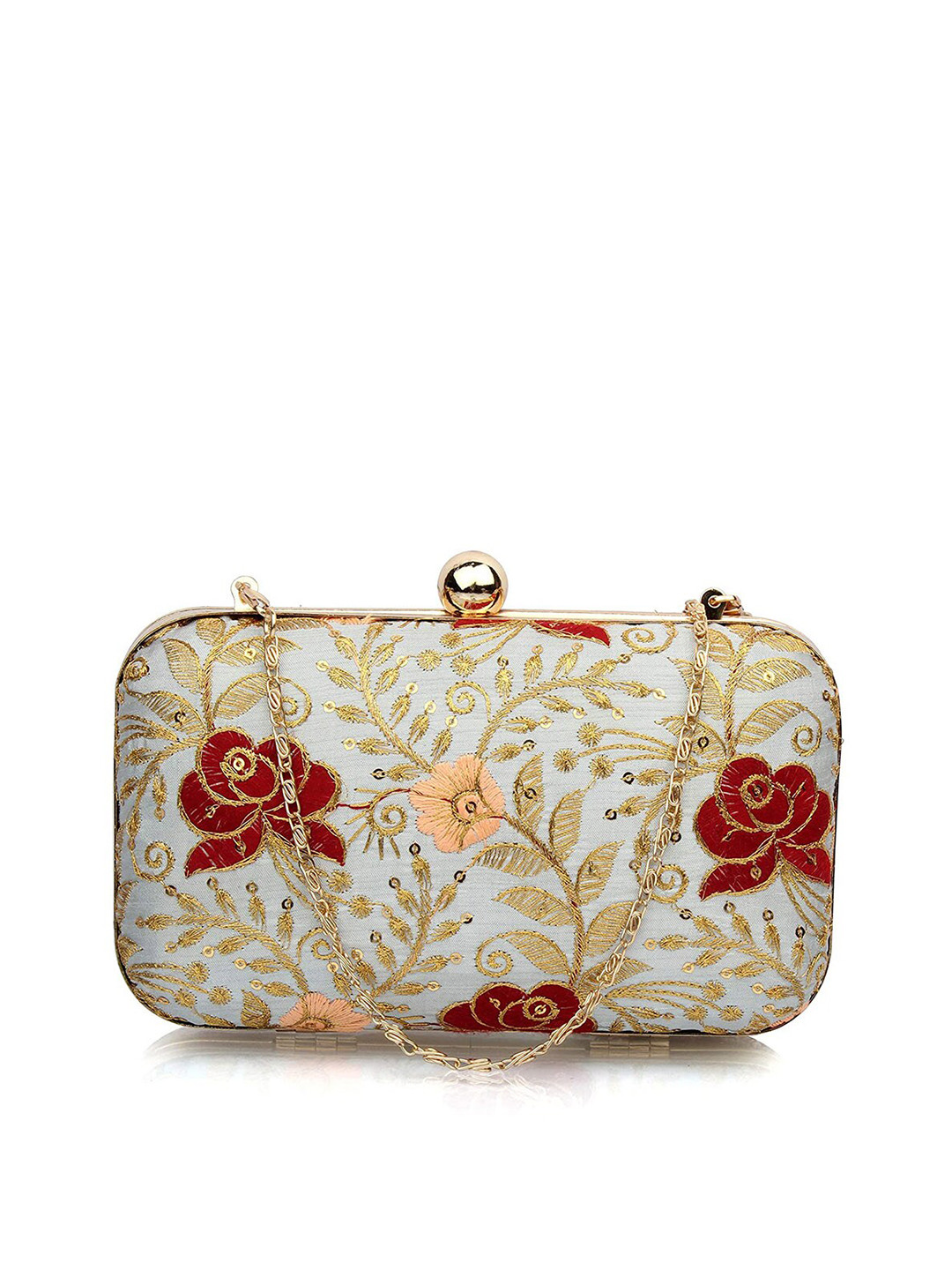 

Style SHOES White & Gold-Toned Embroidered Box Clutch