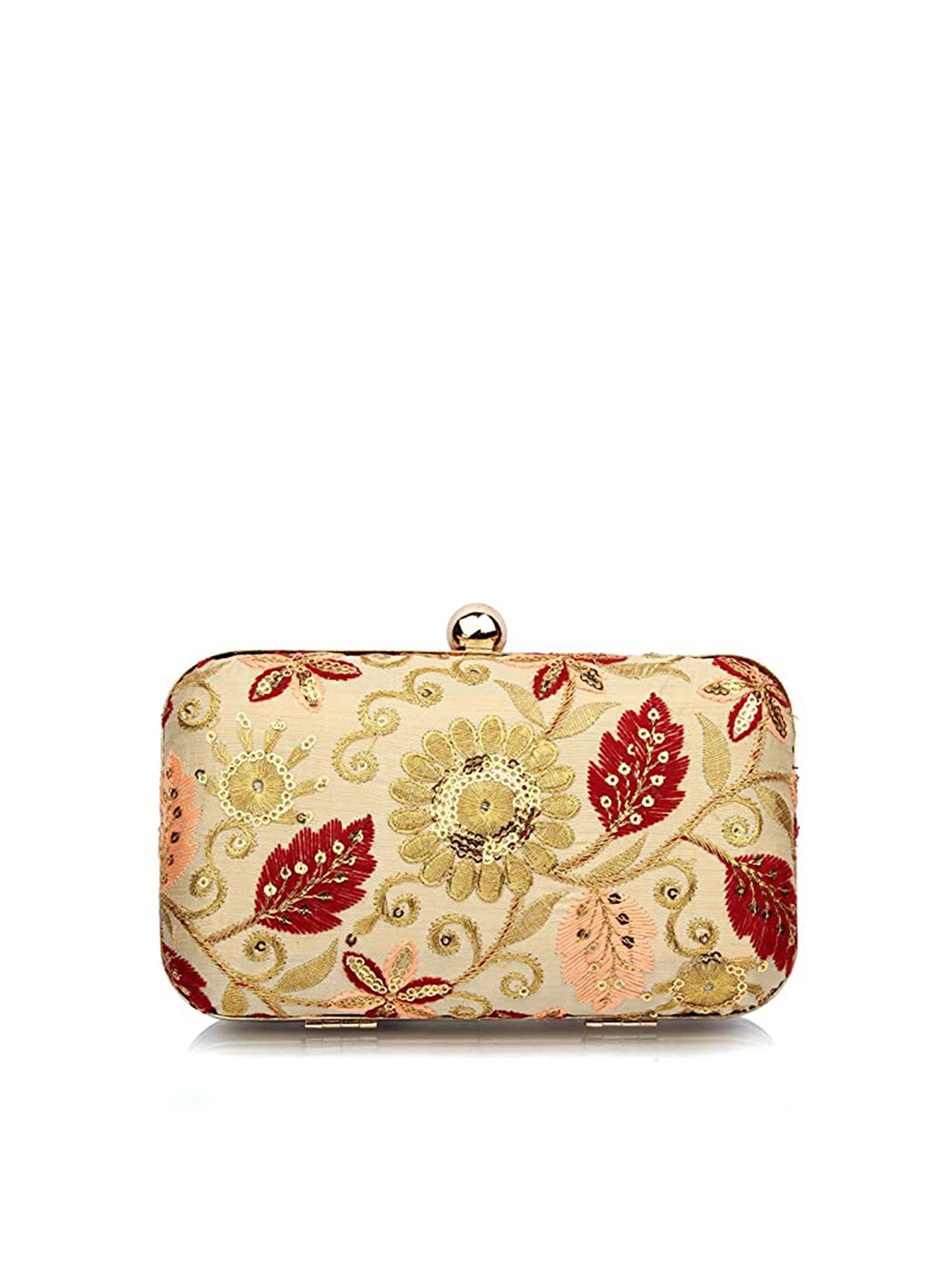 

Style SHOES Cream-Coloured & Rust Embroidered Box Clutch