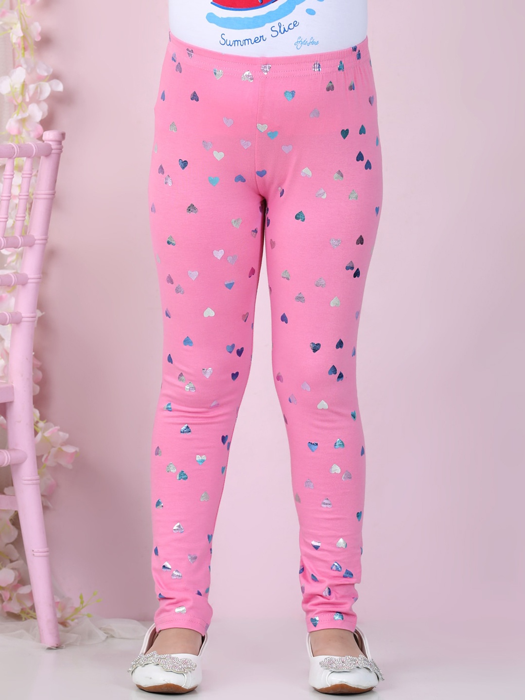 

StyleStone Girls Pink Heart Foil Printed Cotton Leggings