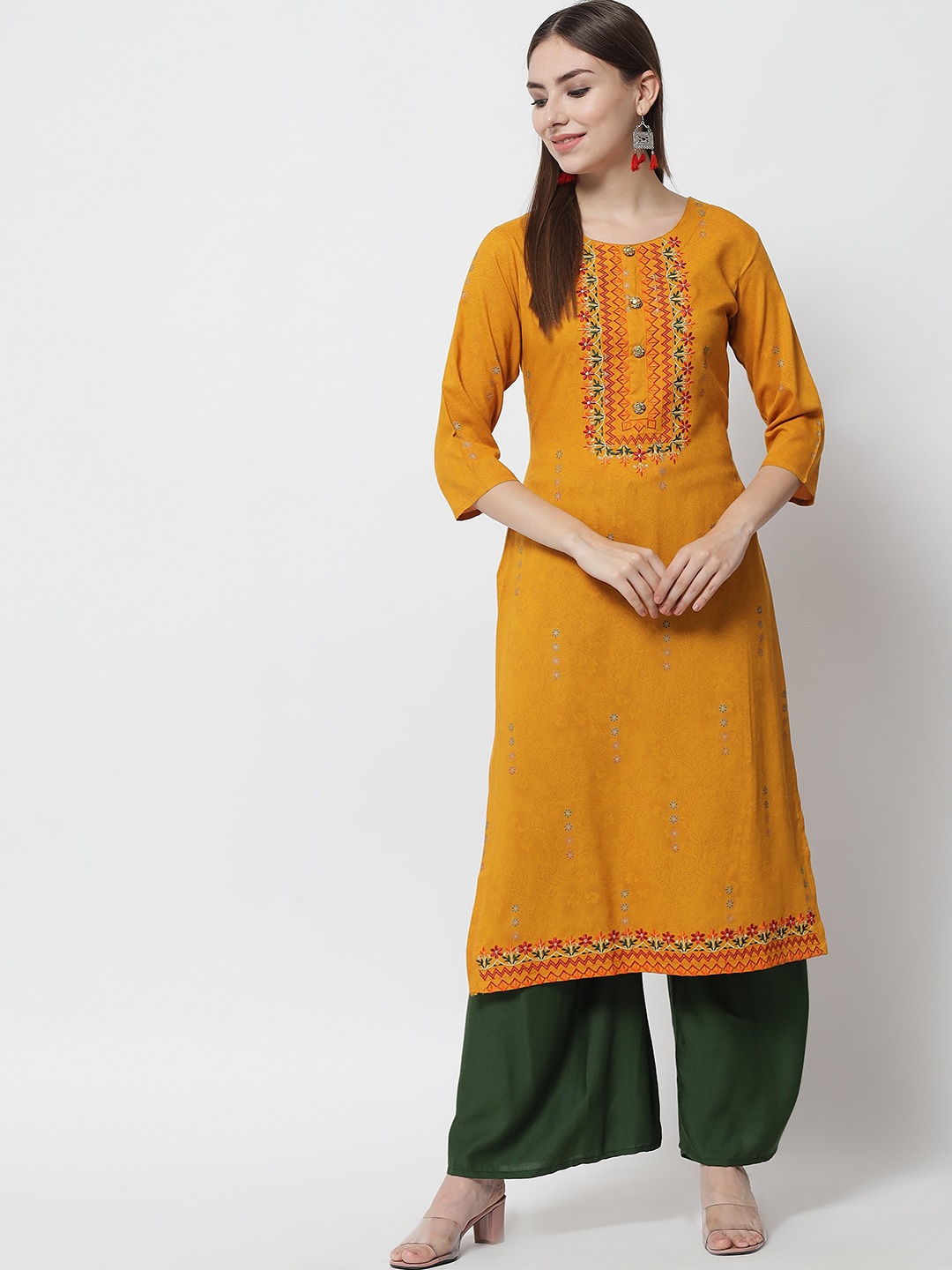 

Pankvi Women Mustard Yellow Floral Embroidered Kurta