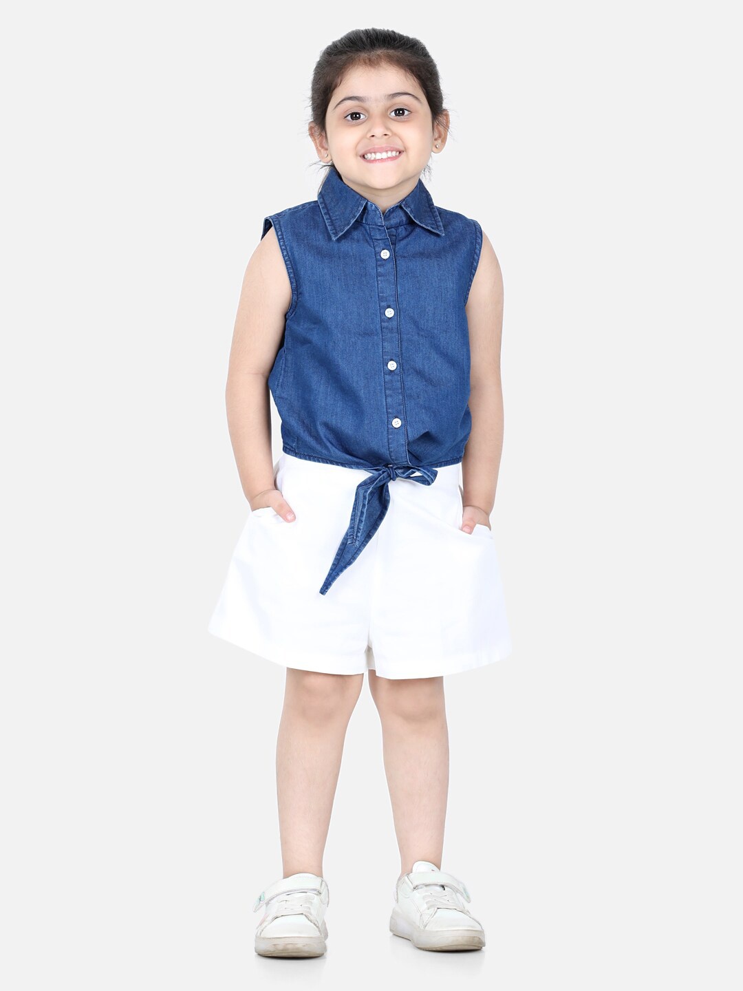 

AWW HUNNIE Girls Blue & White Pure Cotton Shirt with Shorts