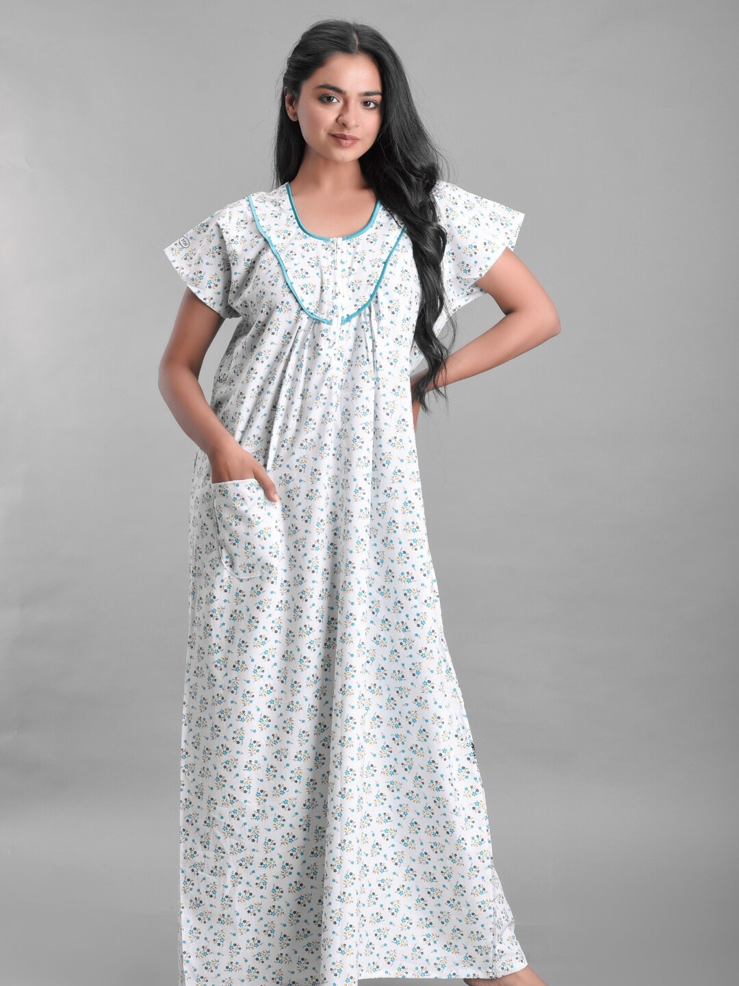 

Apratim Women White Printed Cotton Maxi Nightdress