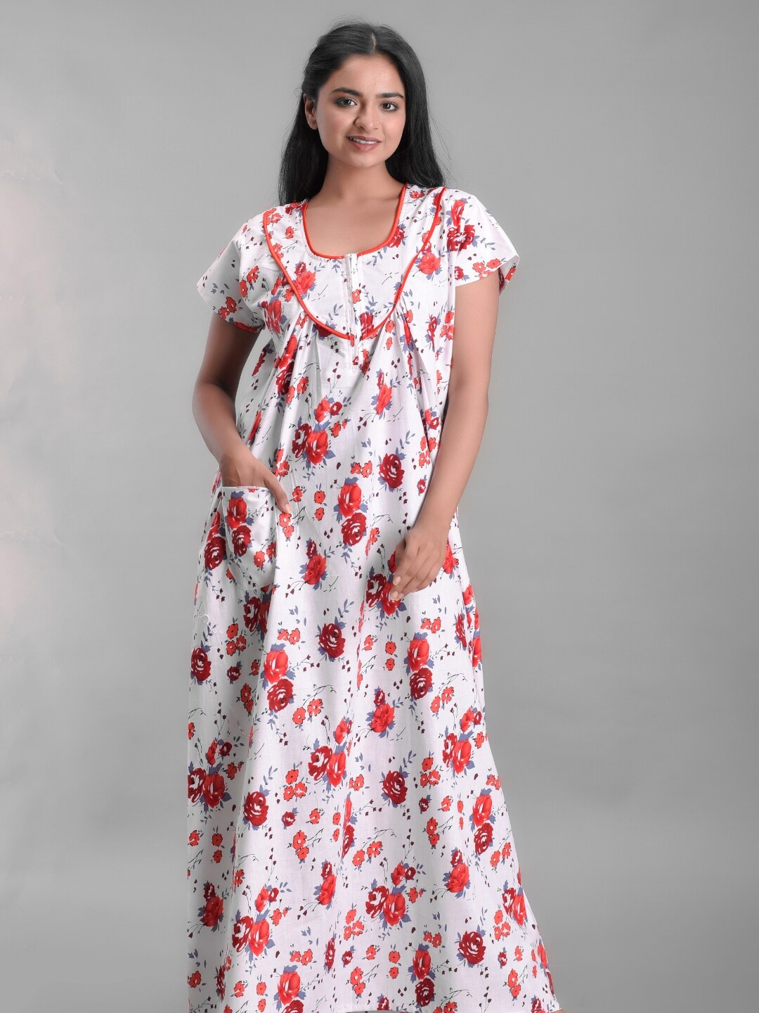 

Apratim Women White Printed Cotton Maxi Nightdress