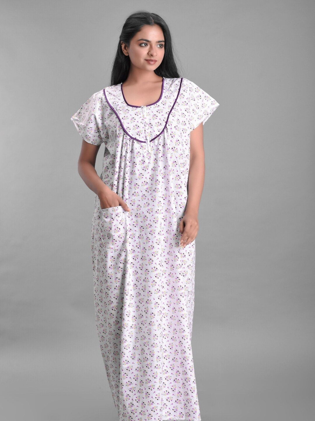 

Apratim Women White Printed Cotton Maxi Nightdress