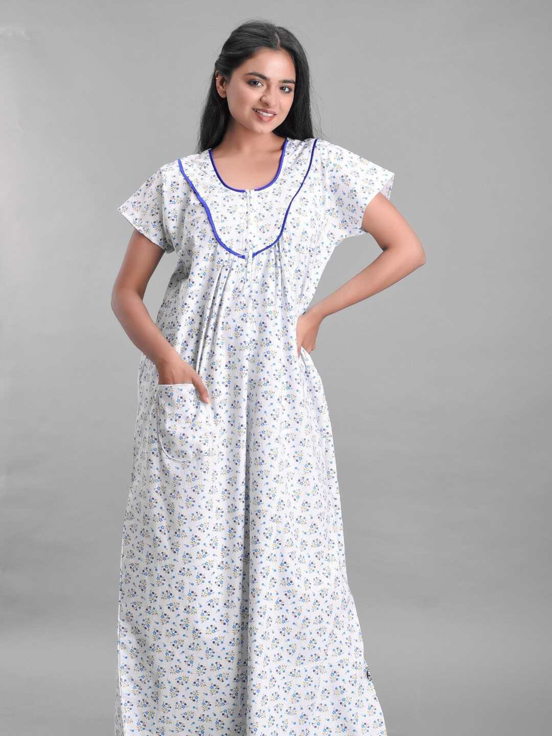

Apratim Women White Printed Cotton Maxi Nightdress