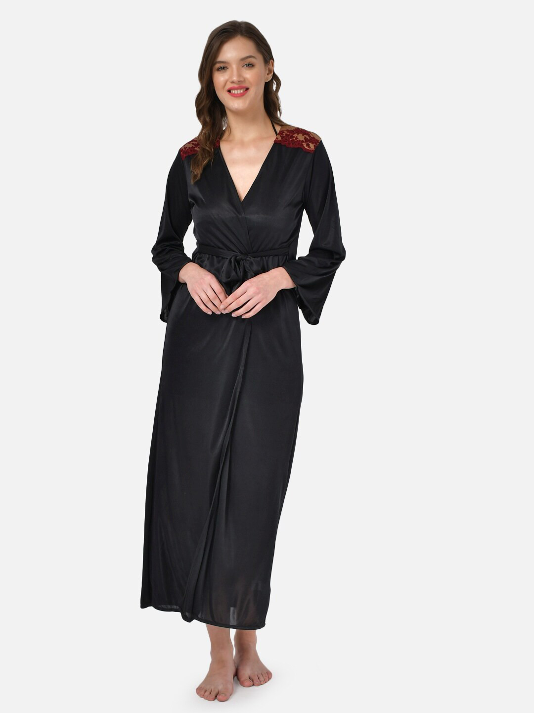 

Klamotten Women Black Satin Robe Maxi Nightdress