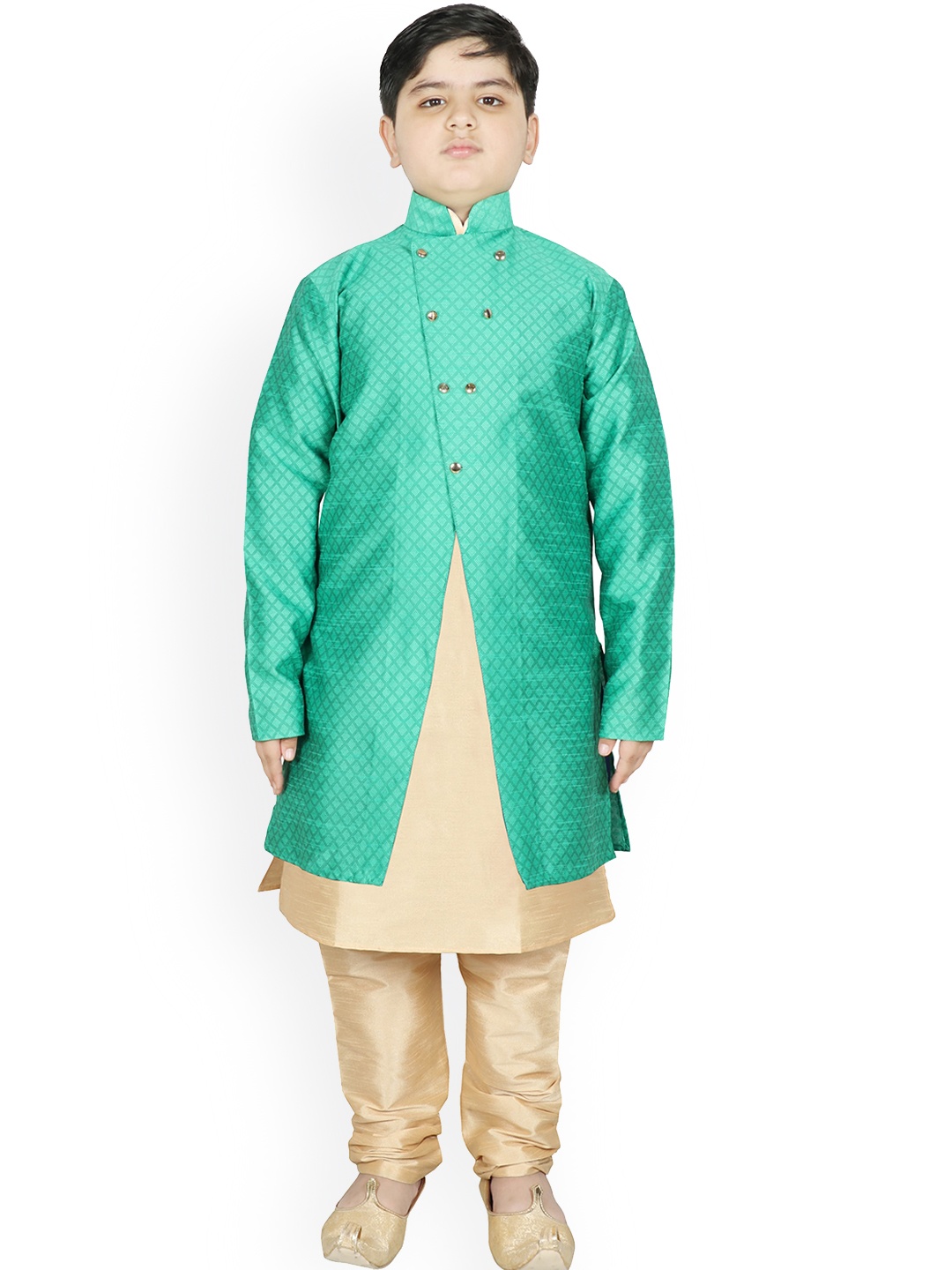 

SG YUVRAJ Boys Sea Green Raw Silk Kurta with Pyjamas & Jacket