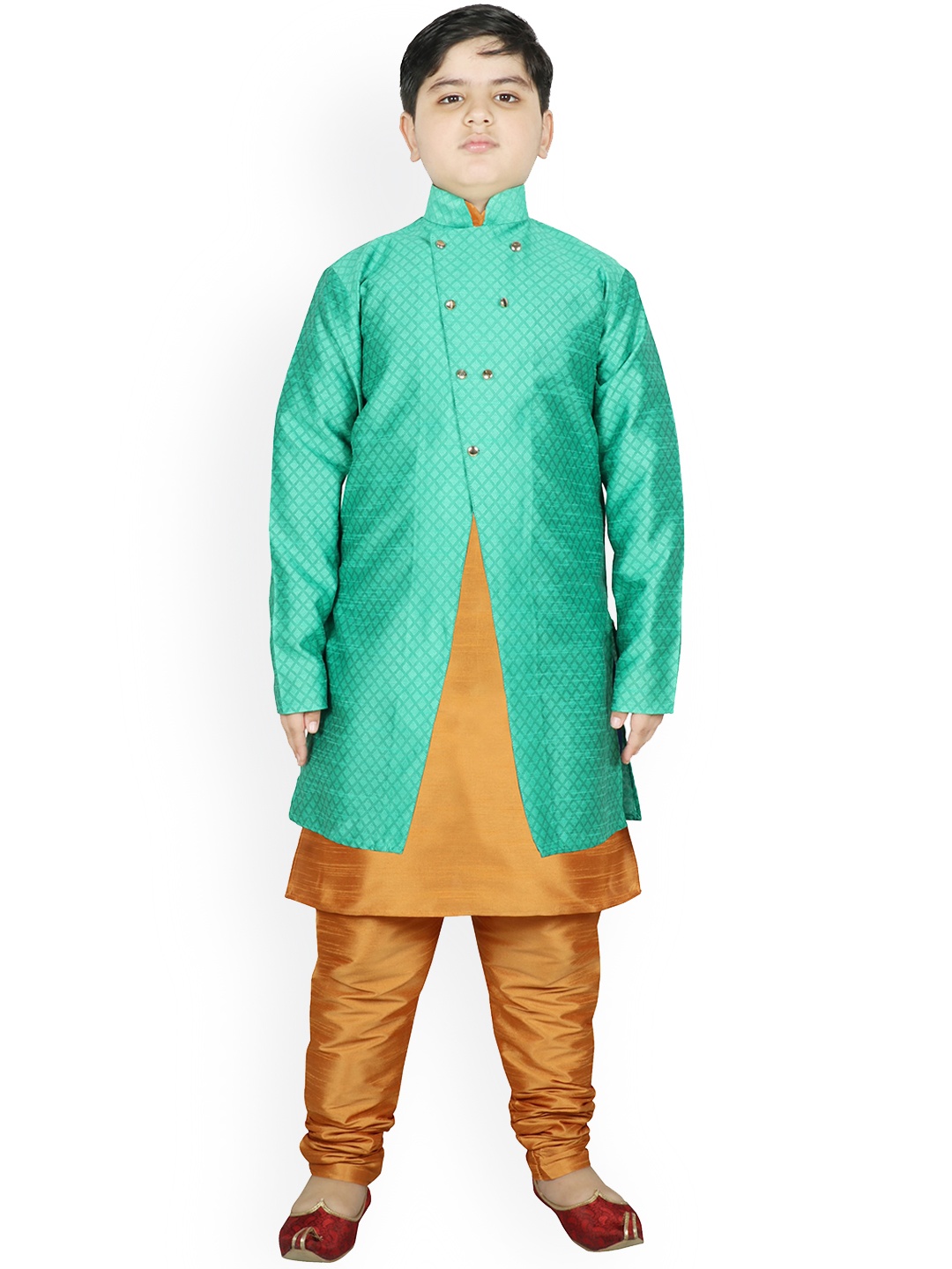 

SG YUVRAJ Boys Golden Raw Silk Kurta with Churidar & Jacket, Gold