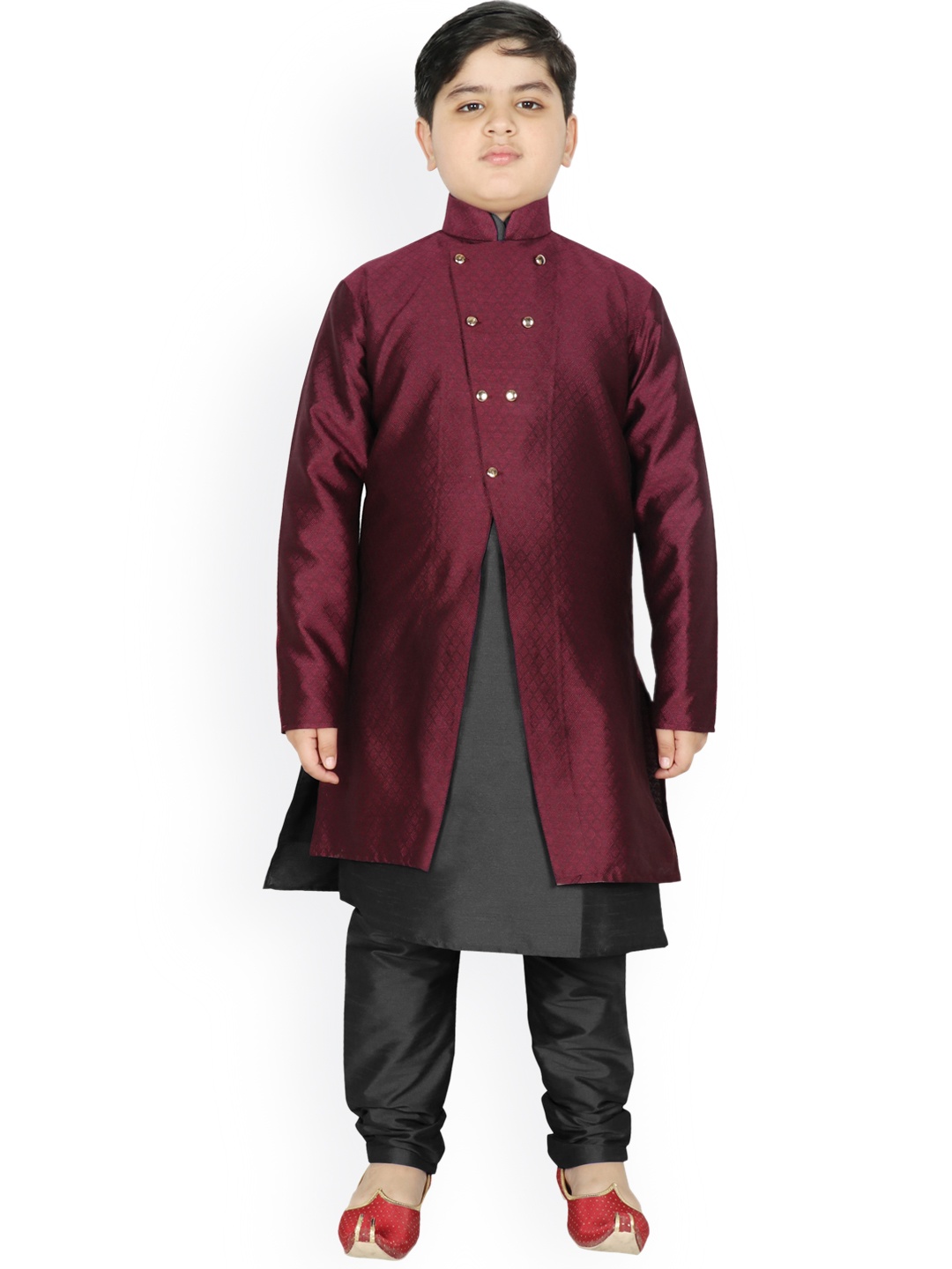 

SG YUVRAJ Boys Black Raw Silk Kurta with Pyjamas & Jacket