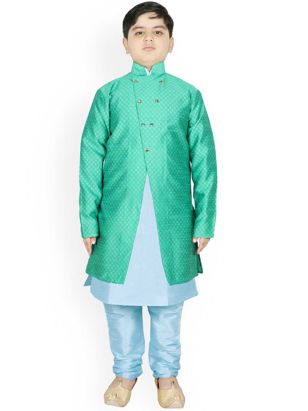 

SG YUVRAJ Boys Blue Raw Silk Kurta with Pyjamas & Jacket, Sea green