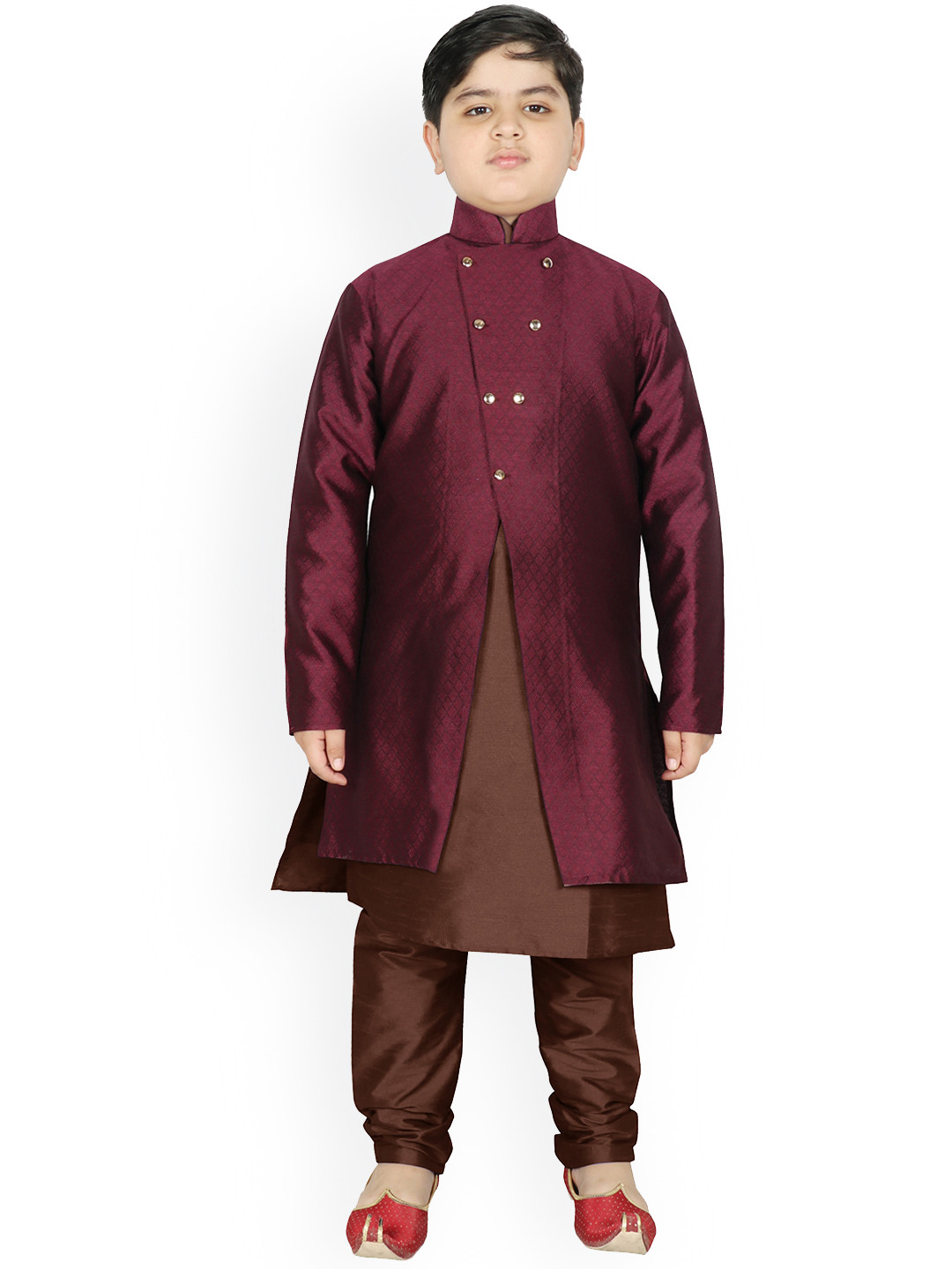 

SG YUVRAJ Boys Burgundy & Brown Raw Silk Kurta Pyjama with Jacket
