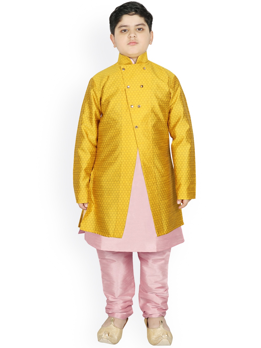

SG YUVRAJ Boys Yellow & Pink Raw Silk Kurta with Churidar
