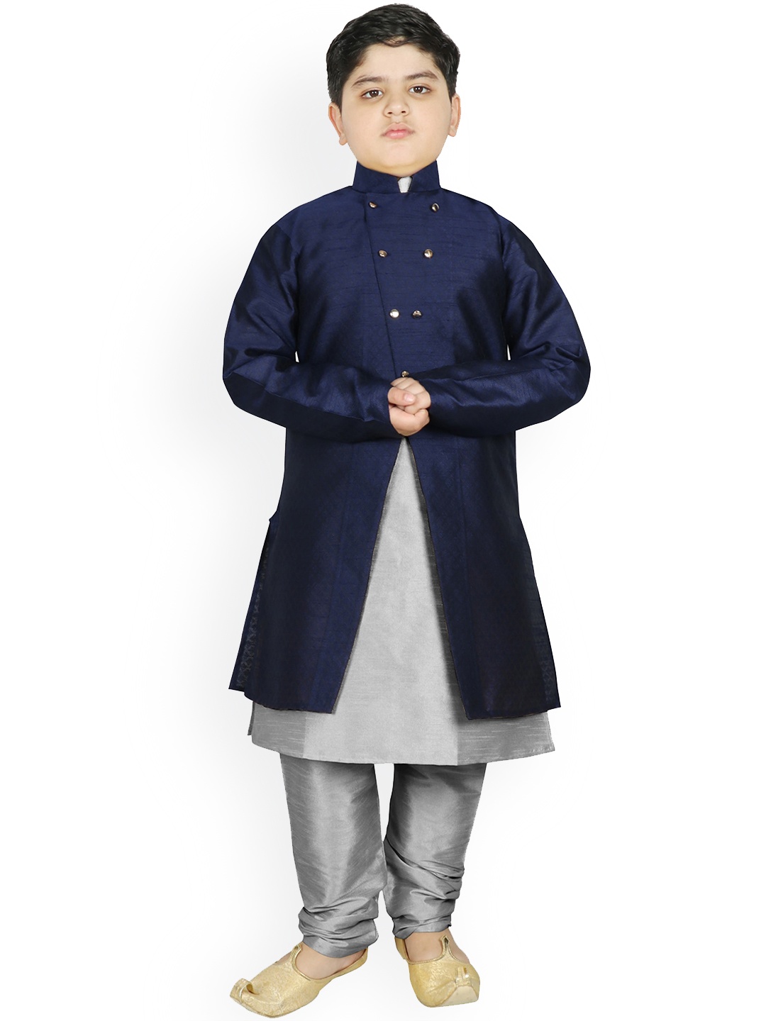 

SG YUVRAJ Boys Navy Blue Angrakha Raw Silk Kurta with Pyjamas