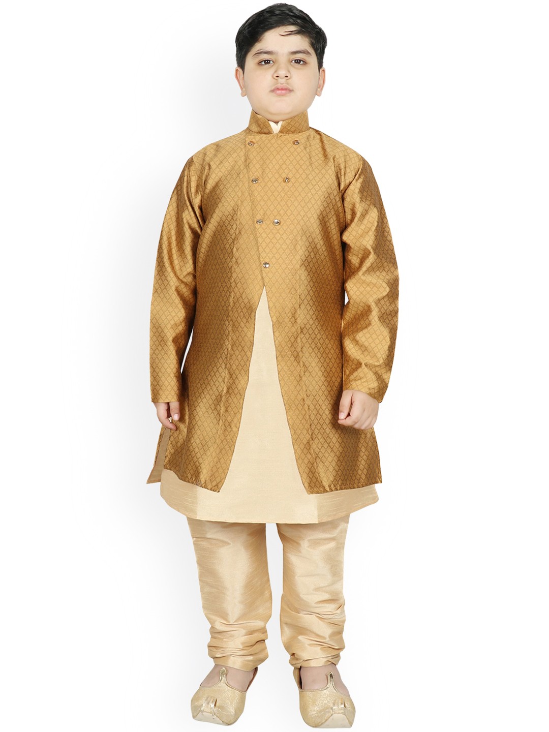 

SG YUVRAJ Boys Golden Raw Silk Kurta with Churidar & Jacket, Gold