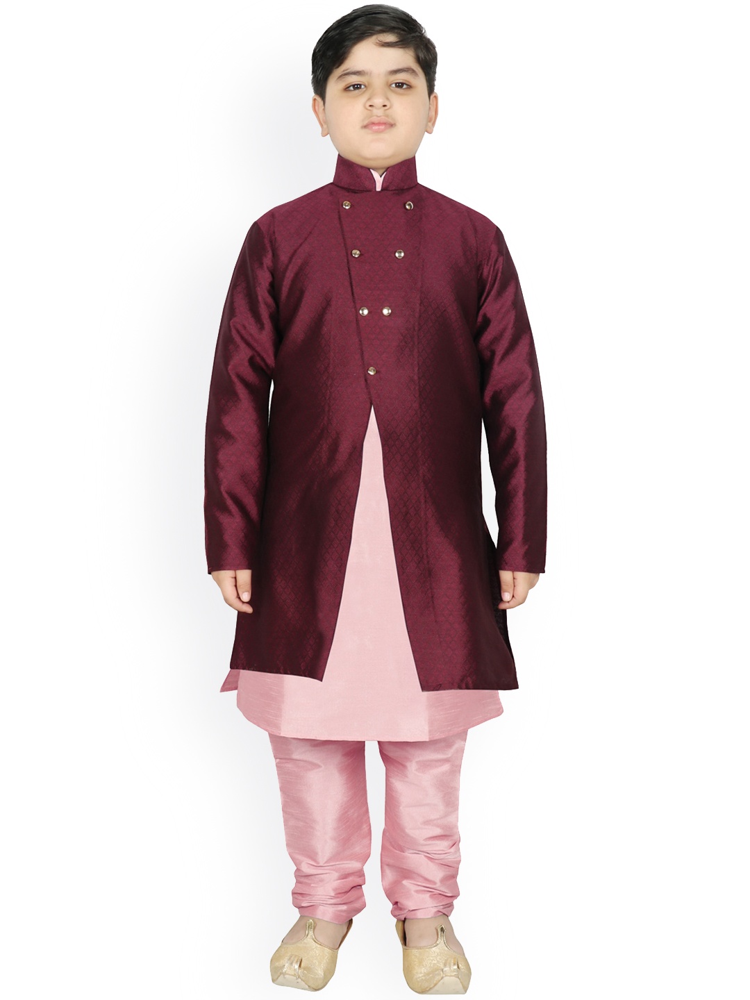 

SG YUVRAJ Boys Burgundy Layered Raw Silk Kurta with Pyjamas