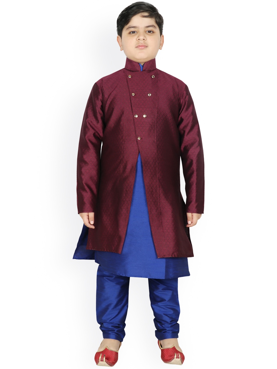 

SG YUVRAJ Boys Burgundy & Blue Raw Silk Kurta Pyjama with Jacket