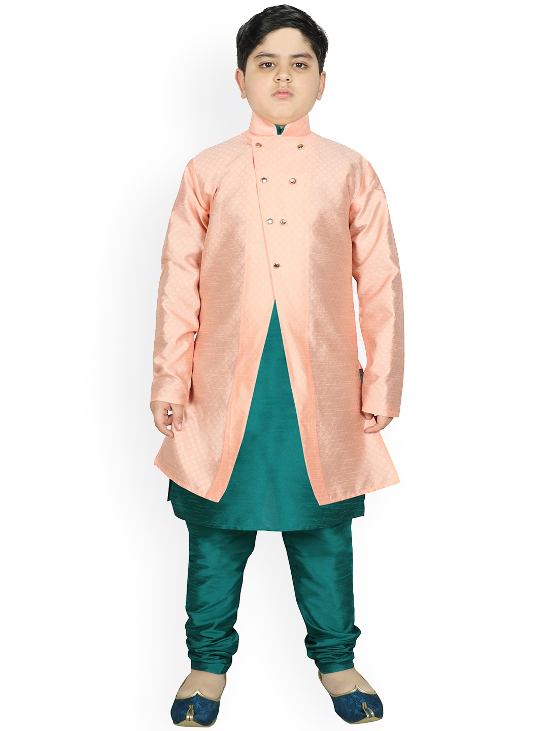 

SG YUVRAJ Boys Peach-Coloured & Green Raw Silk Kurta Pyjama with Jacket