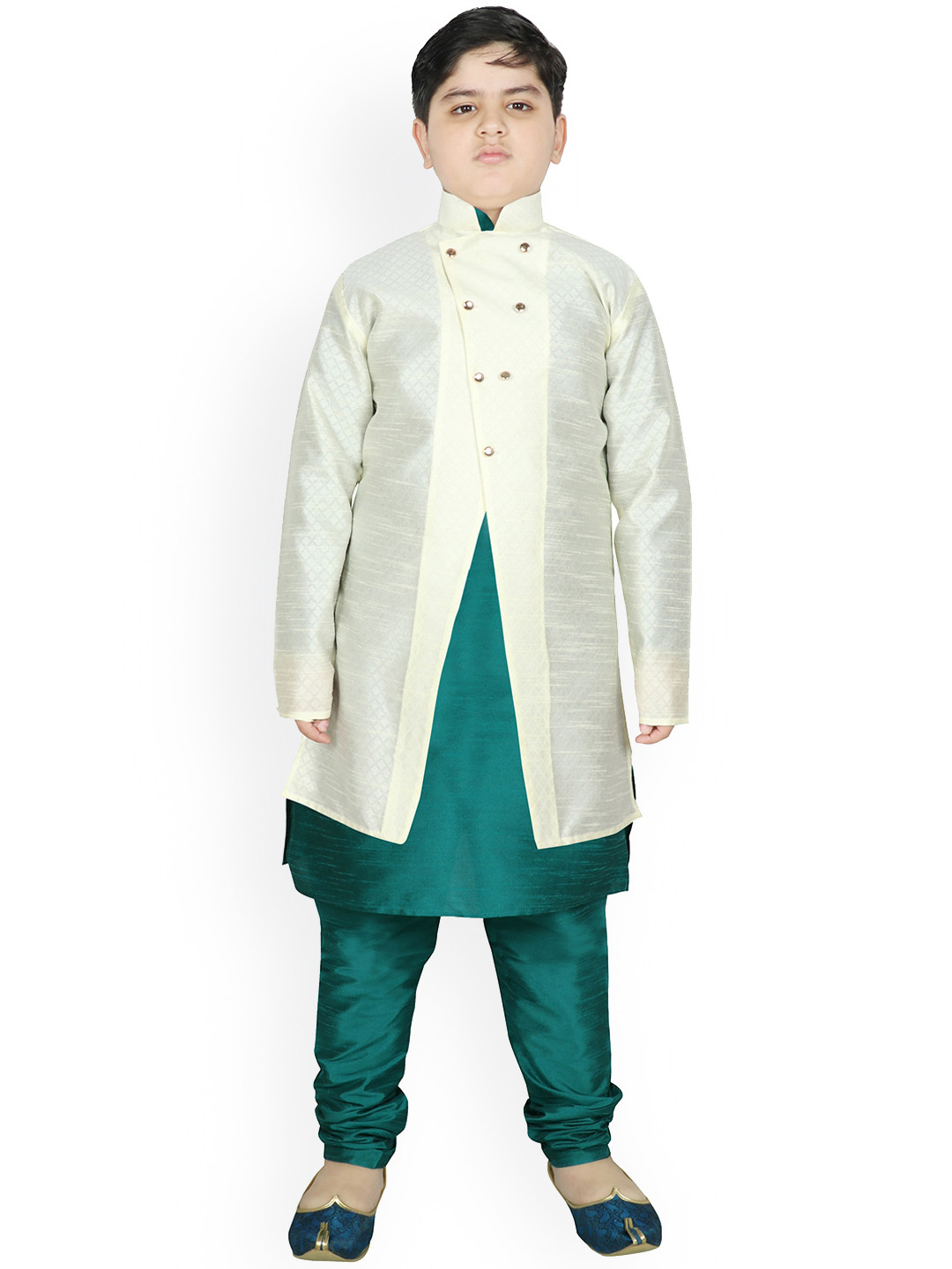 

SG YUVRAJ Boys Cream-Coloured & Green Layered Raw Silk Kurta with Churidar