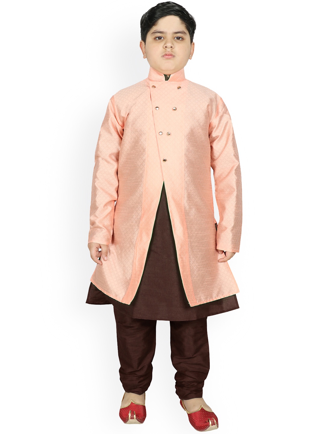 

SG YUVRAJ Boys Peach-Coloured & Brown Raw Silk Kurta Pyjama with Jacket