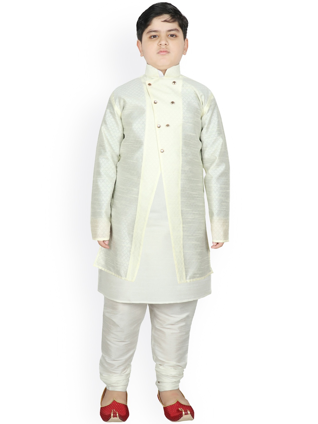 

SG YUVRAJ Boys Cream-Coloured Raw Silk Kurta with Pyjamas & Jacket