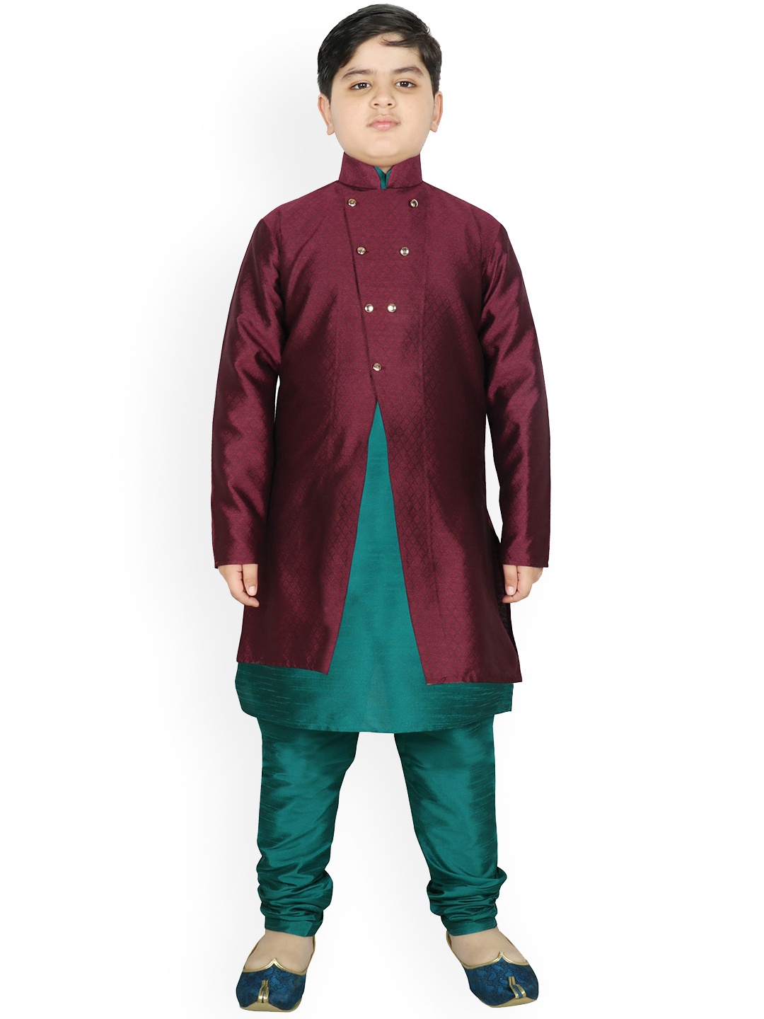 

SG YUVRAJ Boys Burgundy Layered Raw Silk Kurta with Pyjamas