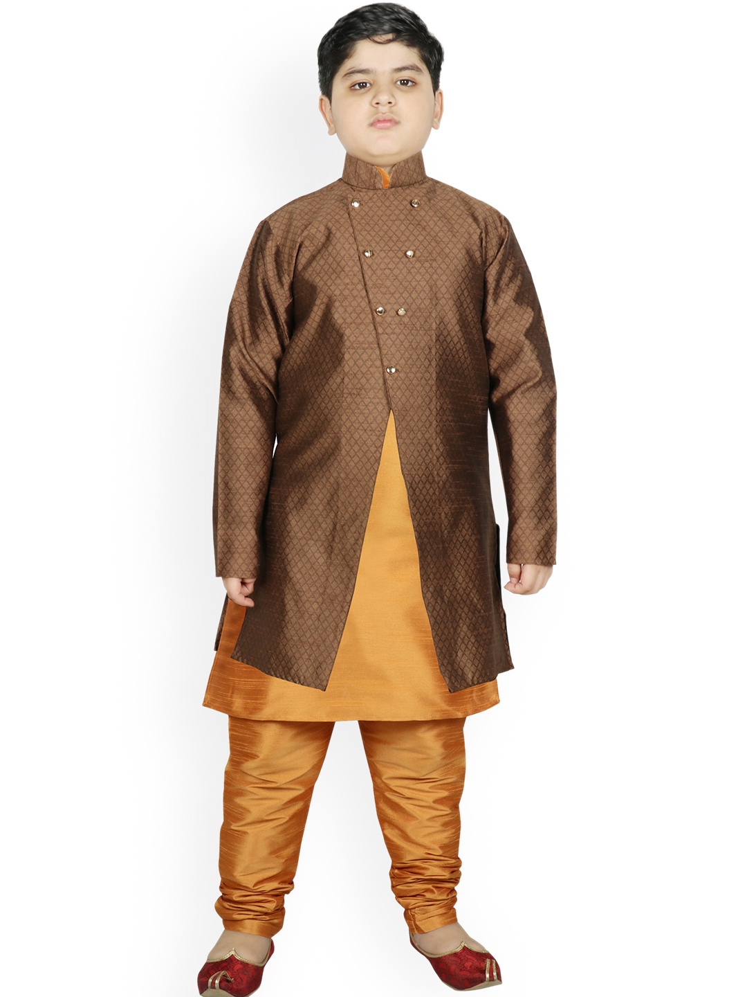 

SG YUVRAJ Boys Brown Raw Silk Kurta with Pyjamas With Jacket