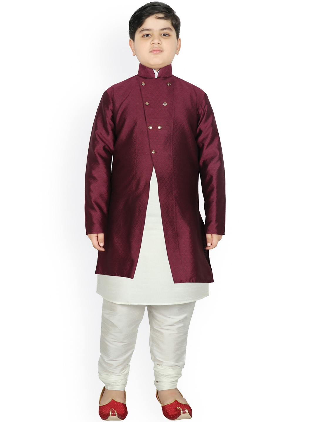 

SG YUVRAJ Boys Burgundy Raw Silk Kurta with Pyjamas & Jacket
