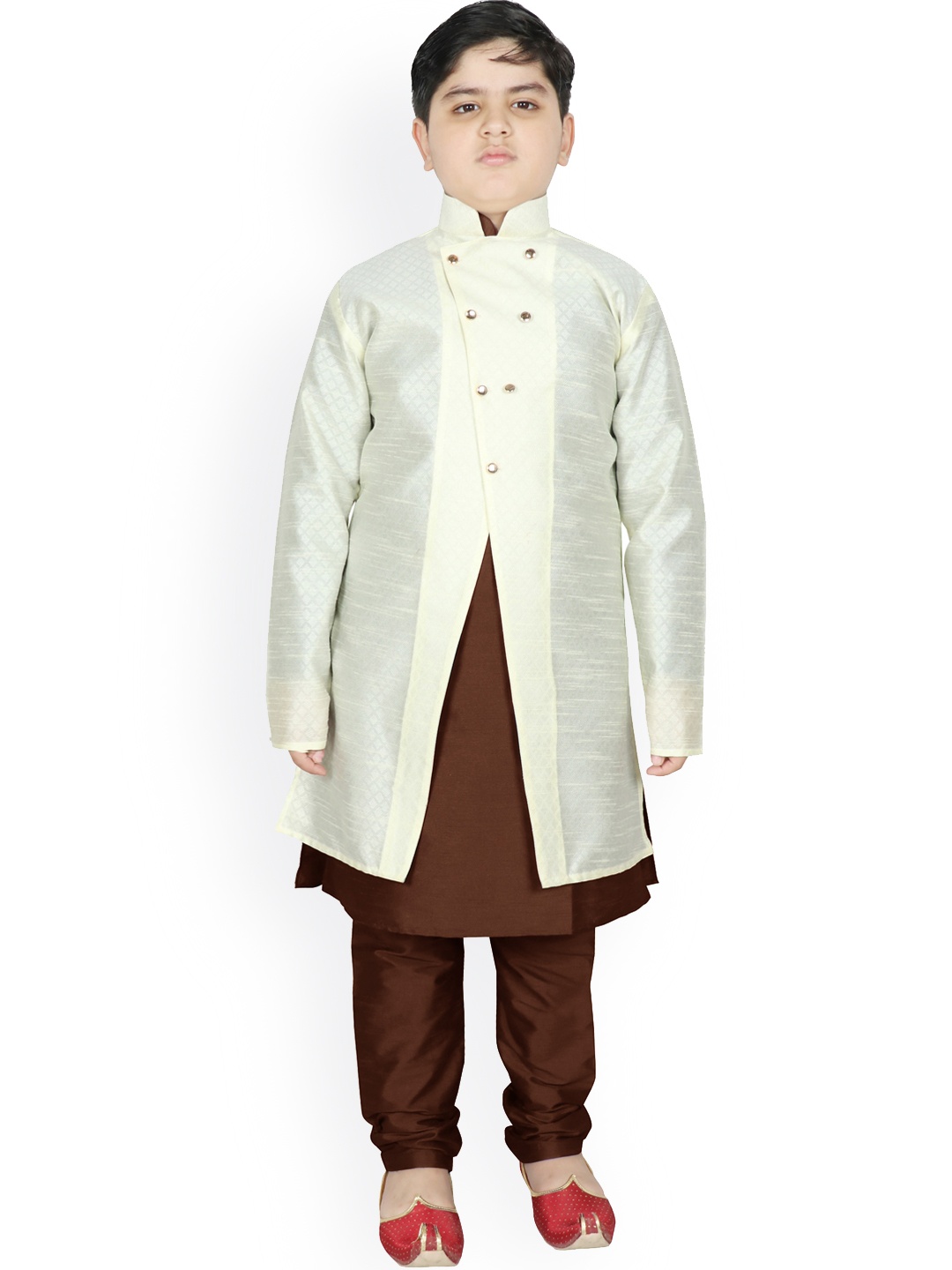 

SG YUVRAJ Boys Cream-Coloured & Brown Raw Silk Kurta with Churidar