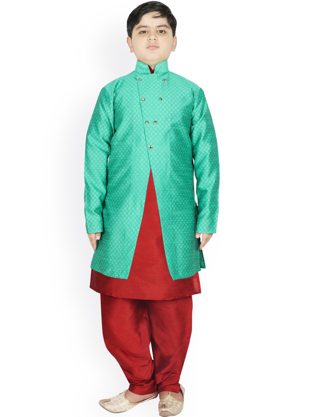 

SG YUVRAJ Boys Maroon Raw Silk Kurta with Churidar & Jacket