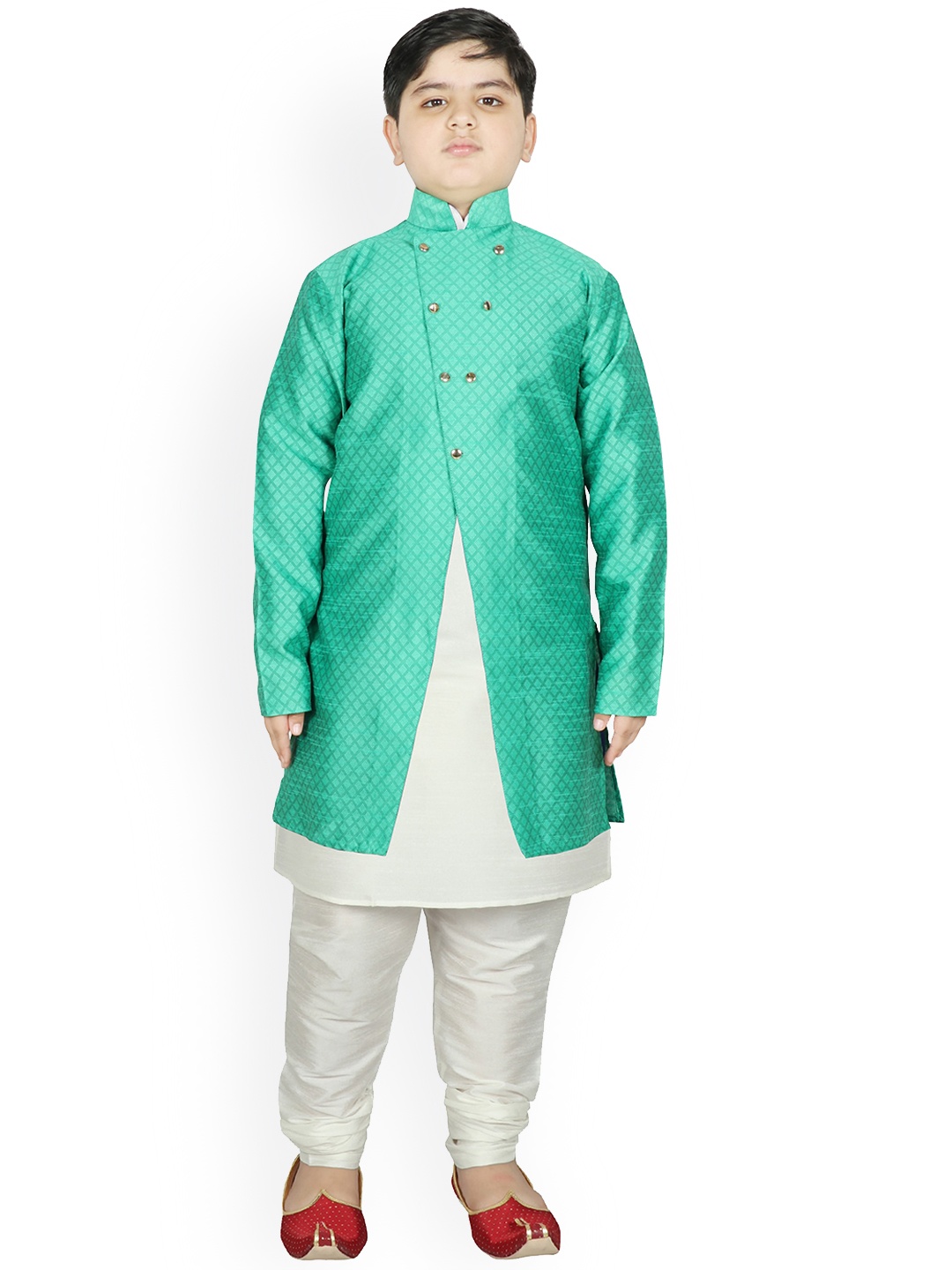 

SG YUVRAJ Boys Sea Green & Cream-coloured Raw Silk Kurta with Pyjamas & Jacket