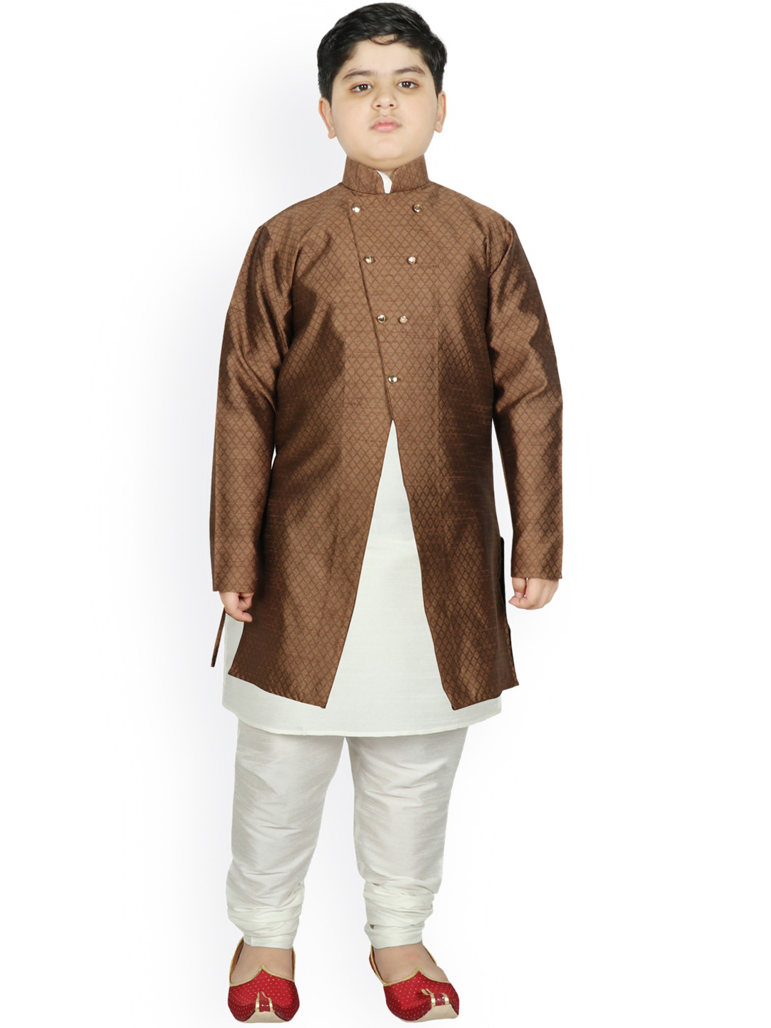

SG YUVRAJ Boys Brown & Cream-Colored Raw Silk Kurta with Churidar