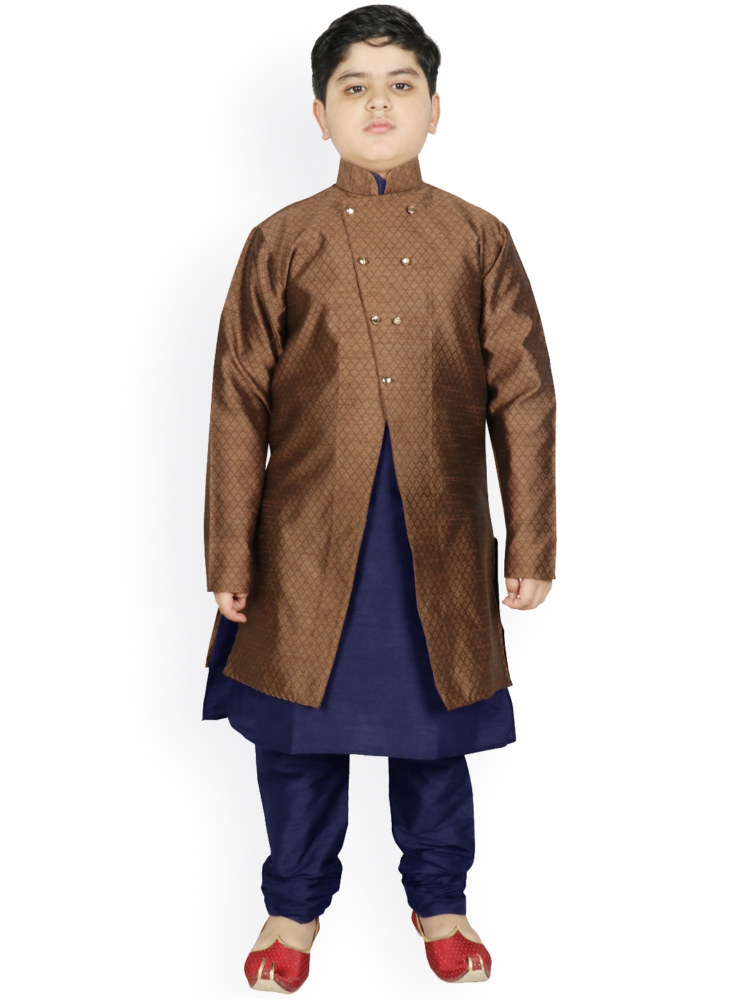 

SG YUVRAJ Boys Brown Raw Silk Kurta with Pyjamas & Jacket