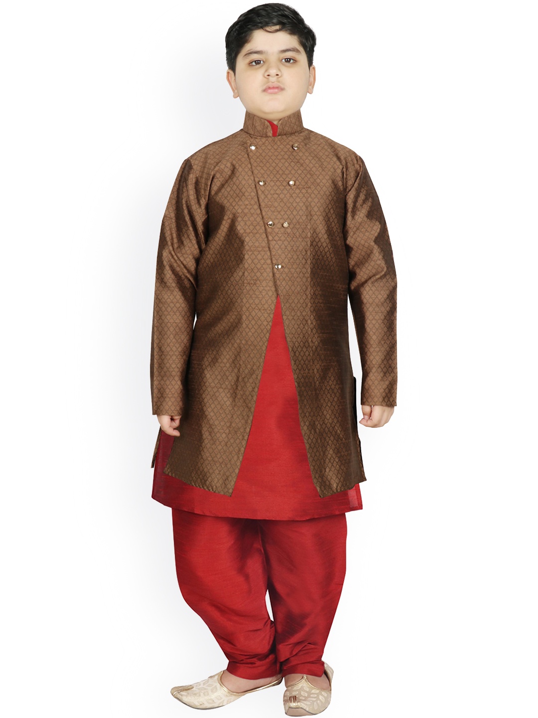 

SG YUVRAJ Boys Brown Raw Silk Kurta with Patiala & Jacket