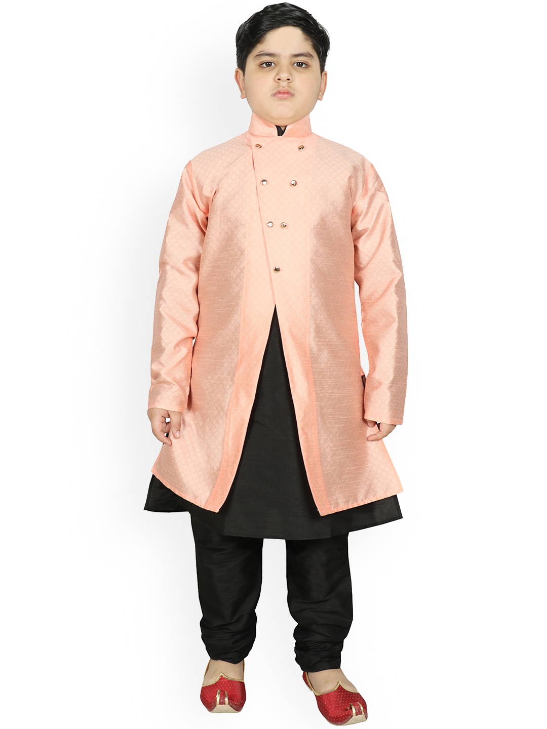 

SG YUVRAJ Boys Peach-Coloured & Black Raw Silk Kurta with Churidar