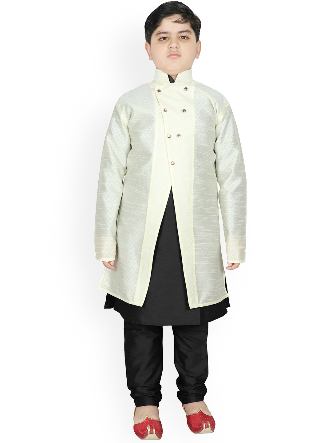 

SG YUVRAJ Boys Cream-Coloured & Black Raw Silk Kurta Pyjama with Jacket