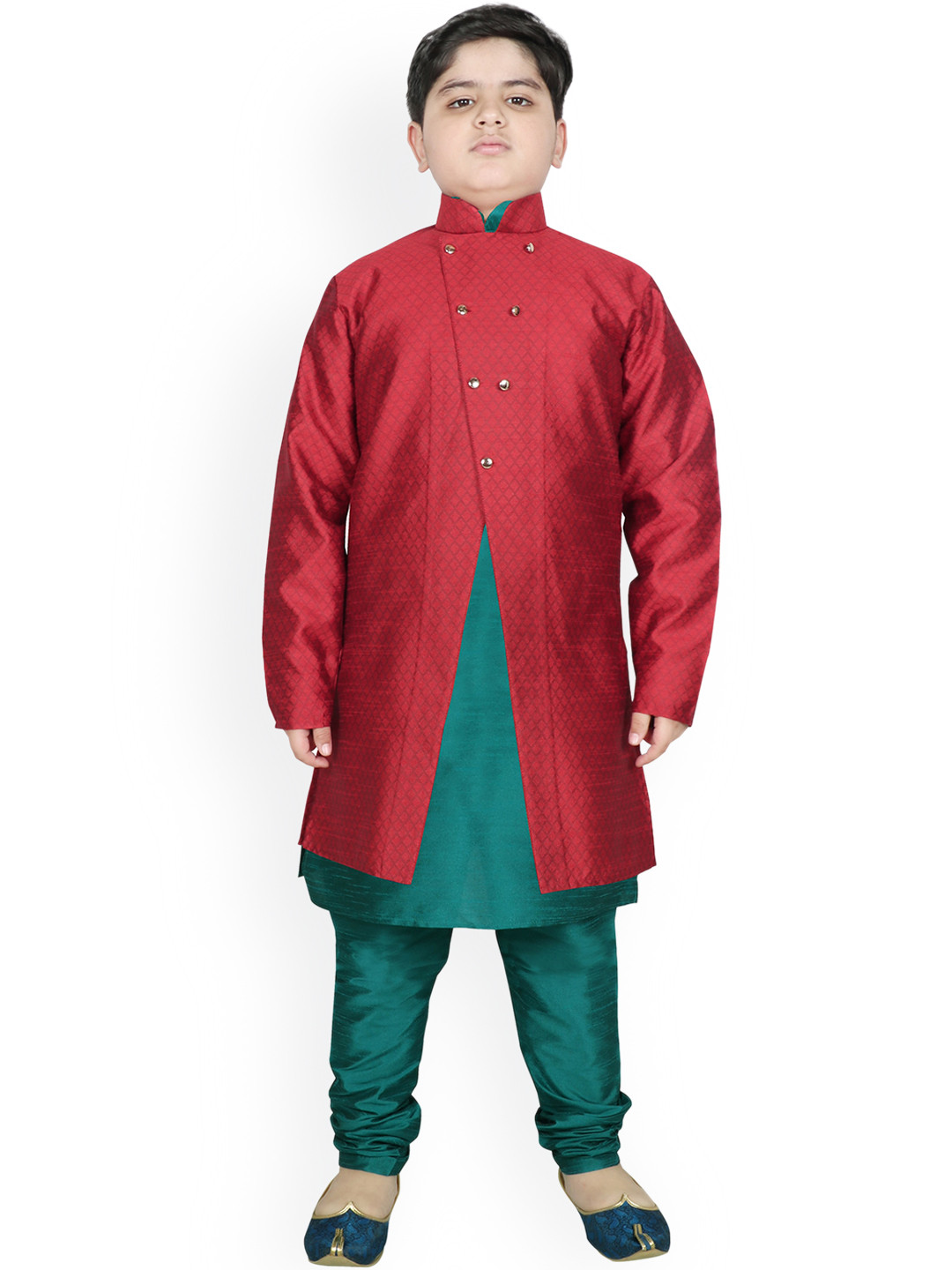 

SG YUVRAJ Boys Maroon & Green Raw Silk Kurta with Churidar
