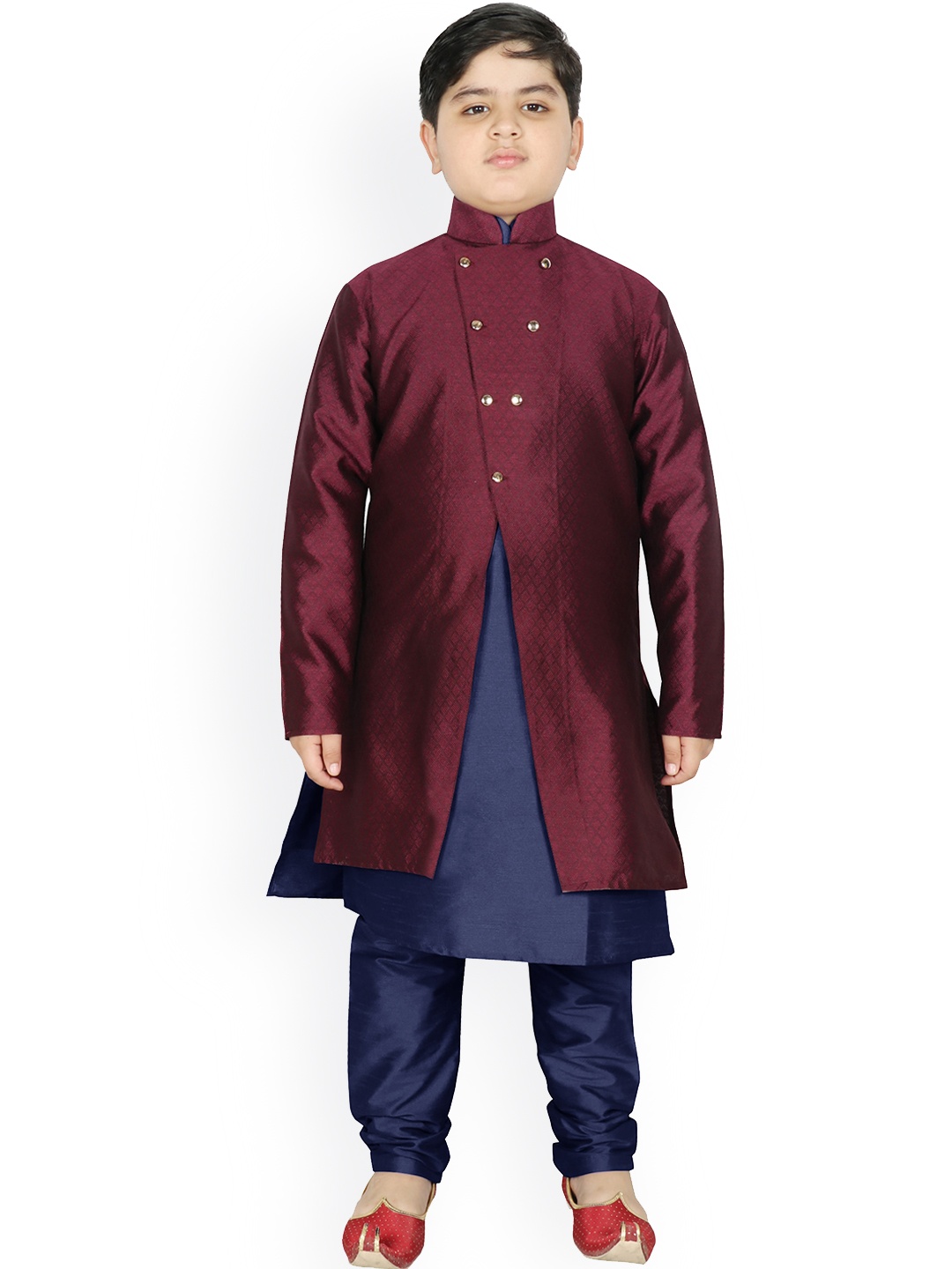 

SG YUVRAJ Boys Burgundy & Navy Blue Raw Silk Kurta with Churidar