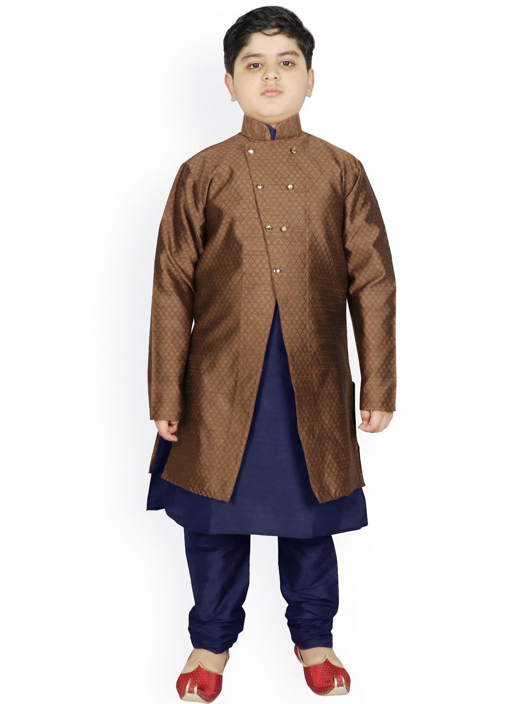 

SG YUVRAJ Boys Brown & Blue Raw Silk Kurta with Pyjamas
