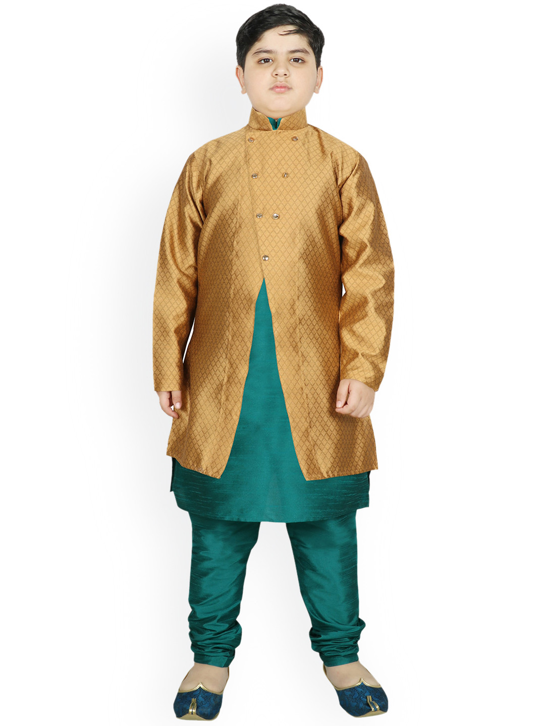 

SG YUVRAJ Boys Gold-Toned Layered Raw Silk Kurta with Pyjamas With Jacket
