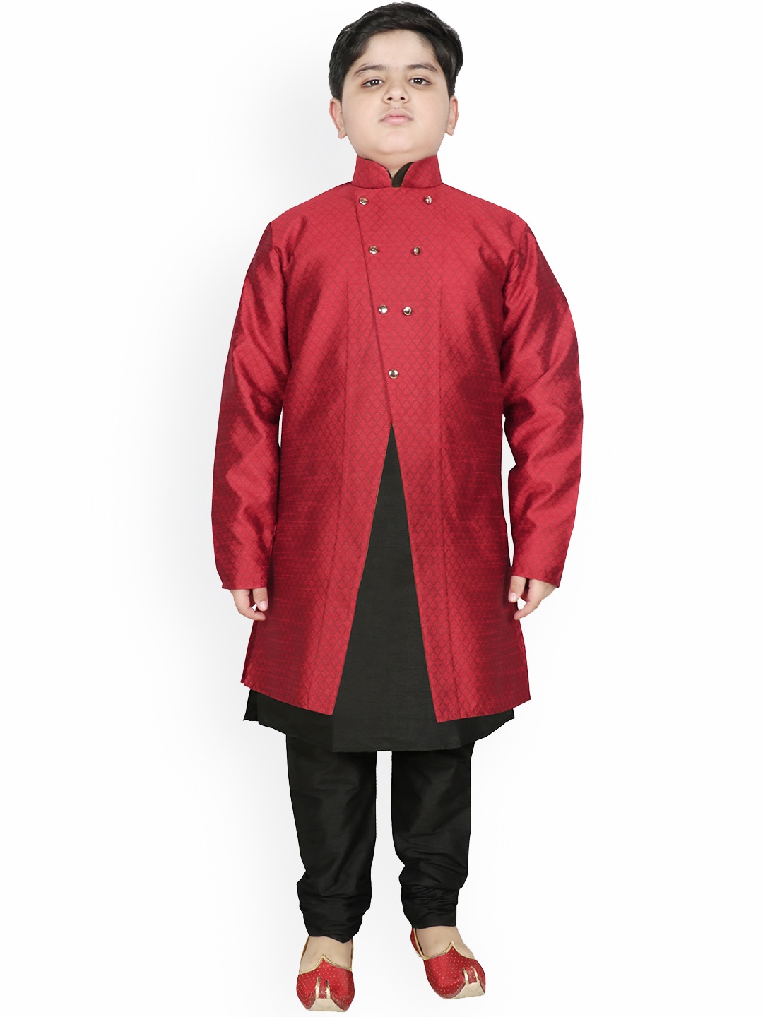 

SG YUVRAJ Boys Maroon & Black Raw Silk Kurta Pyjama with Jacket
