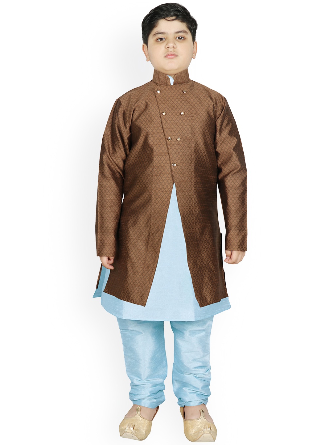 

SG YUVRAJ Boys Brown Raw Silk Kurta with Pyjamas & Jacket
