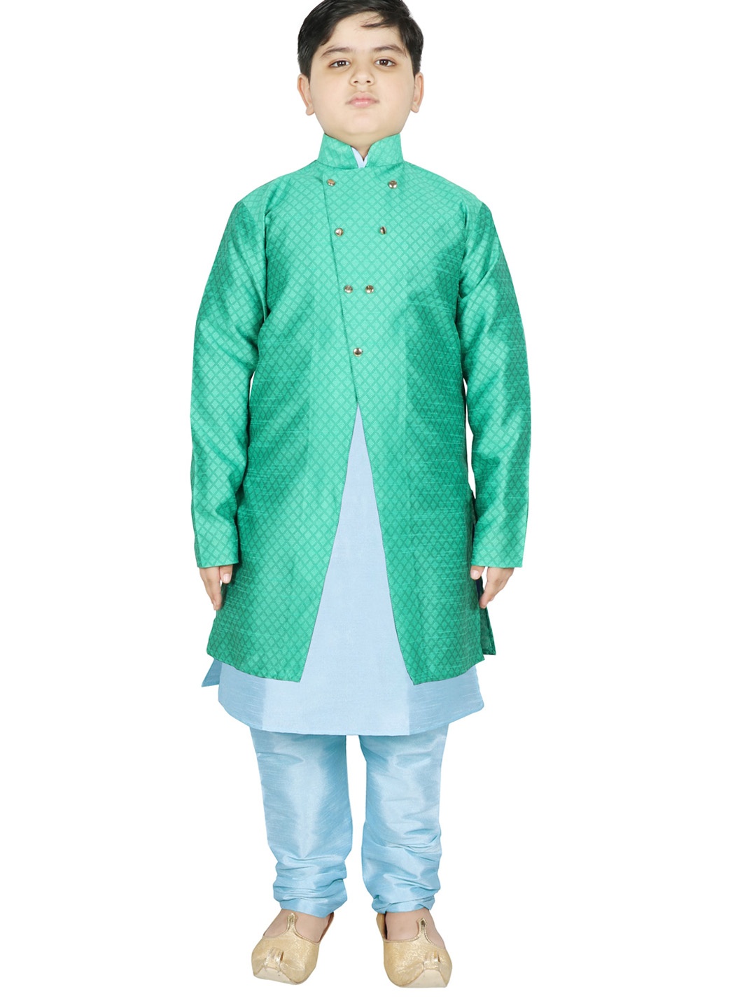 

SG YUVRAJ Boys Sea Green Embroidered Layered Raw Silk Kurta with Pyjamas