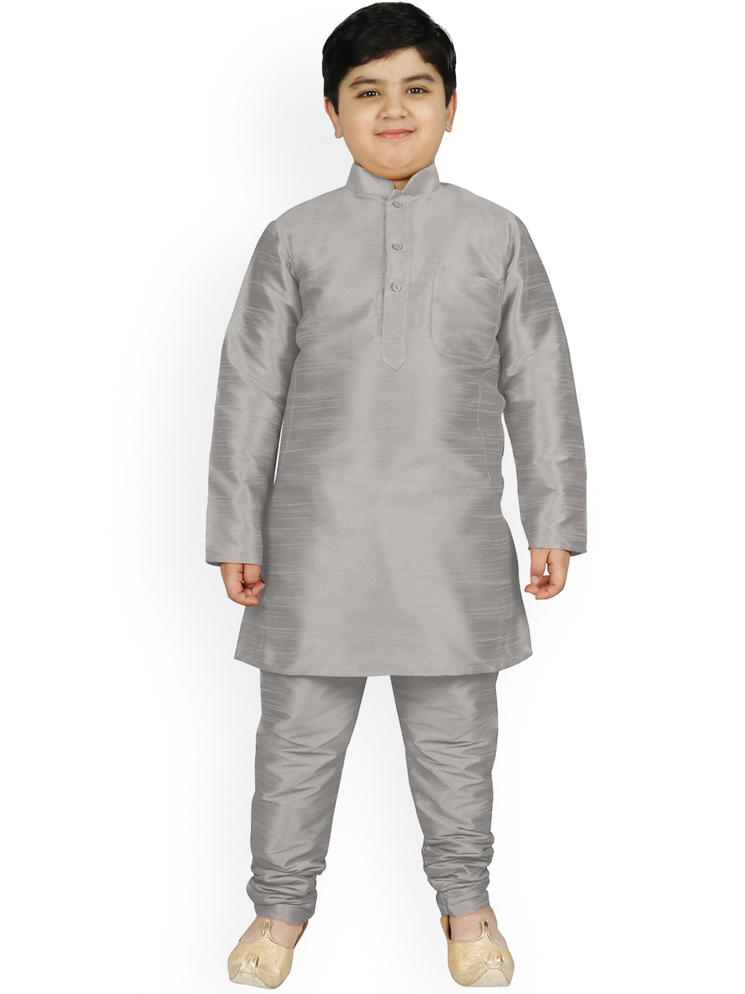 

SG YUVRAJ Boys Silver Raw Silk Kurta with Pyjamas & Jacket