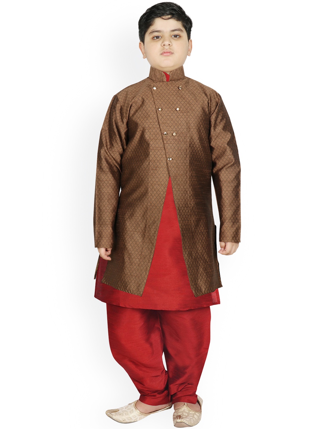 

SG YUVRAJ Boys Brown Raw Silk Kurta with Salwar & Jacket