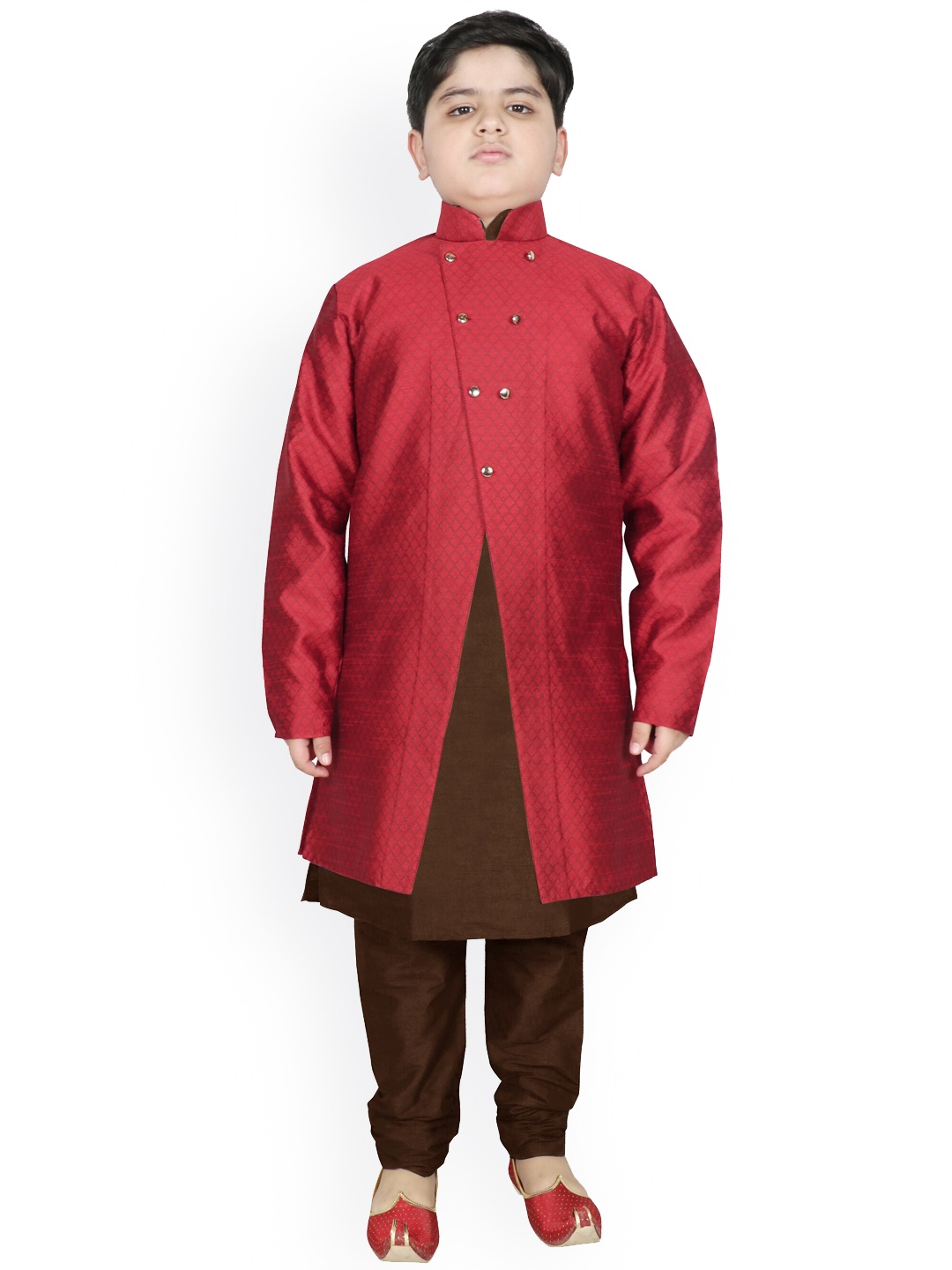 

SG YUVRAJ Boys Maroon & Brown Raw Silk Kurta Pyjama with Jacket