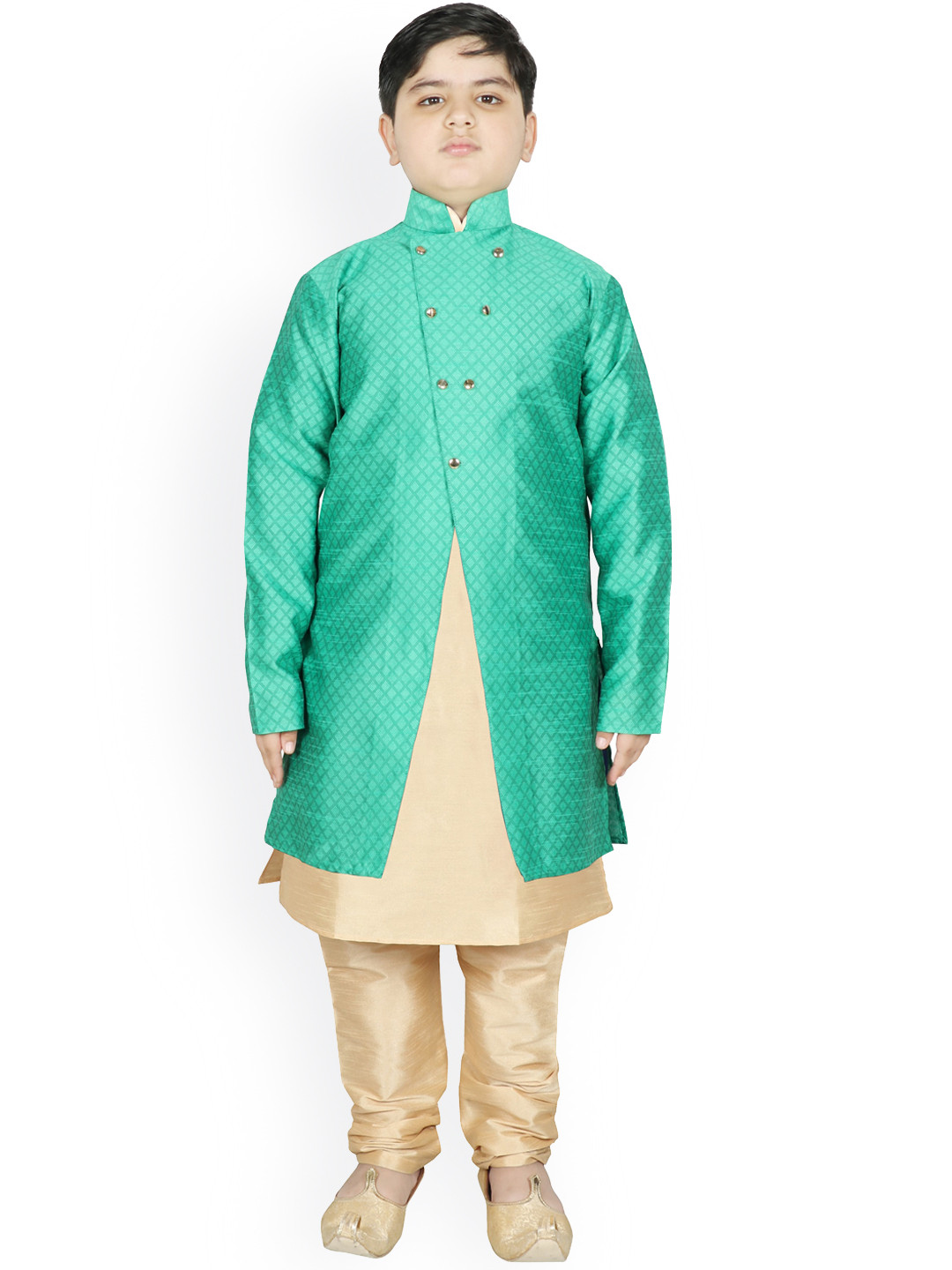 

SG YUVRAJ Boys Sea Green & Cream-Coloured Raw Silk Kurta with Churidar