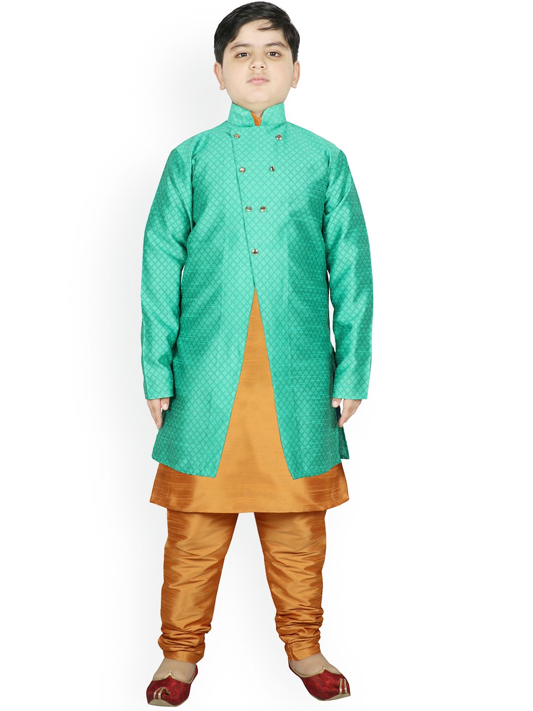 

SG YUVRAJ Boys Sea Green & Yellow Raw Silk Kurta with Pyjamas