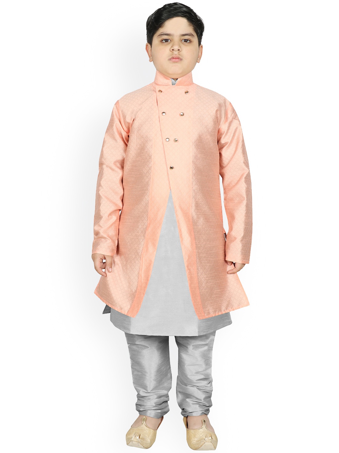 

SG YUVRAJ Boys Peach-Coloured Raw Silk Kurta with Pyjamas With Jacket